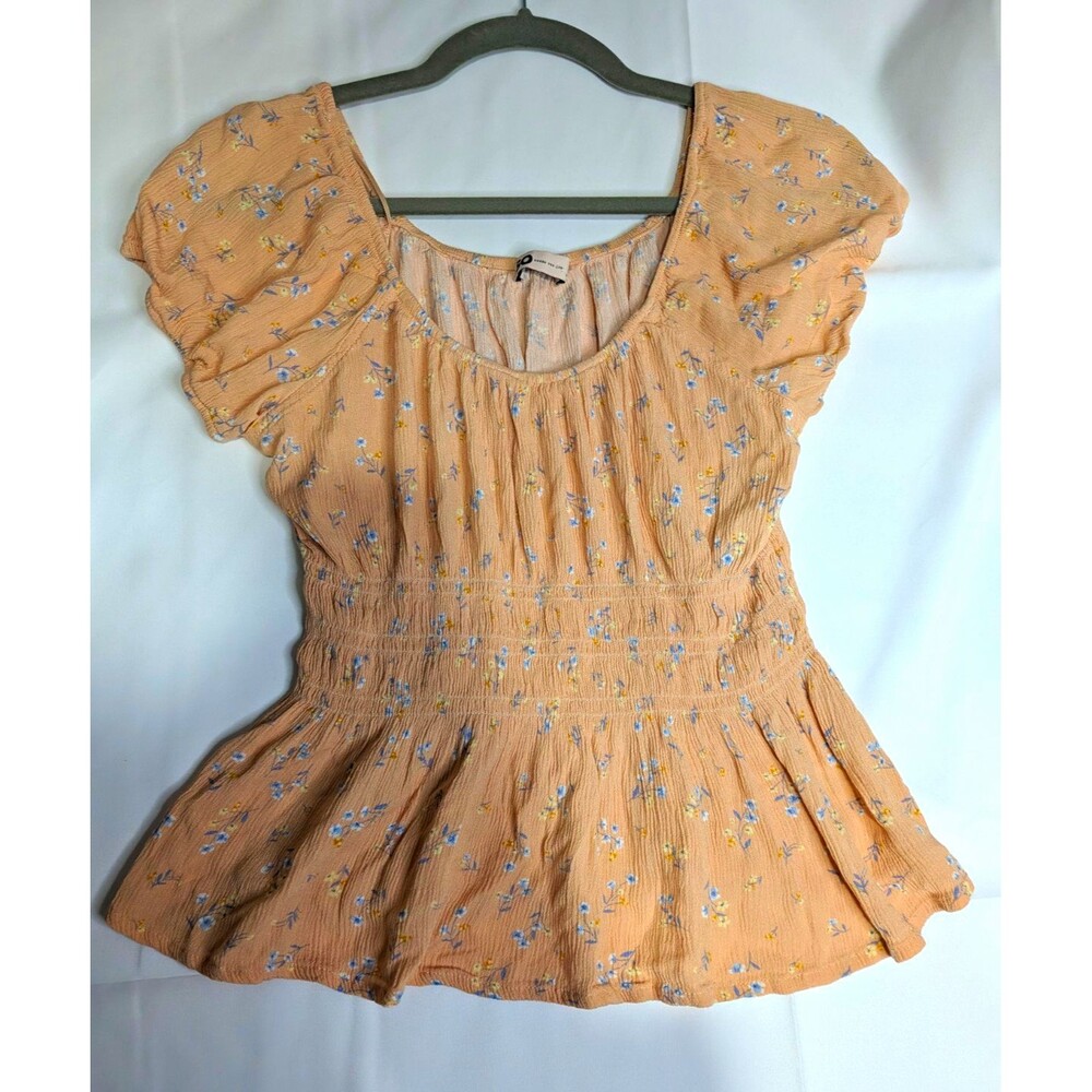 Goods for Life Peach Floral Smocked Peplum Scoop Neck Puff Sleeve Blouse M